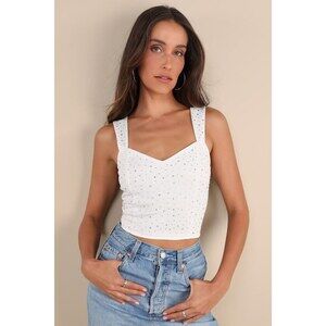 Lulus Lively Sparkle White Rhinestone Crop Tank Top - Size M